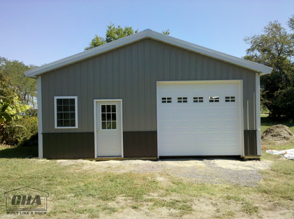 pole barn garage with door and window