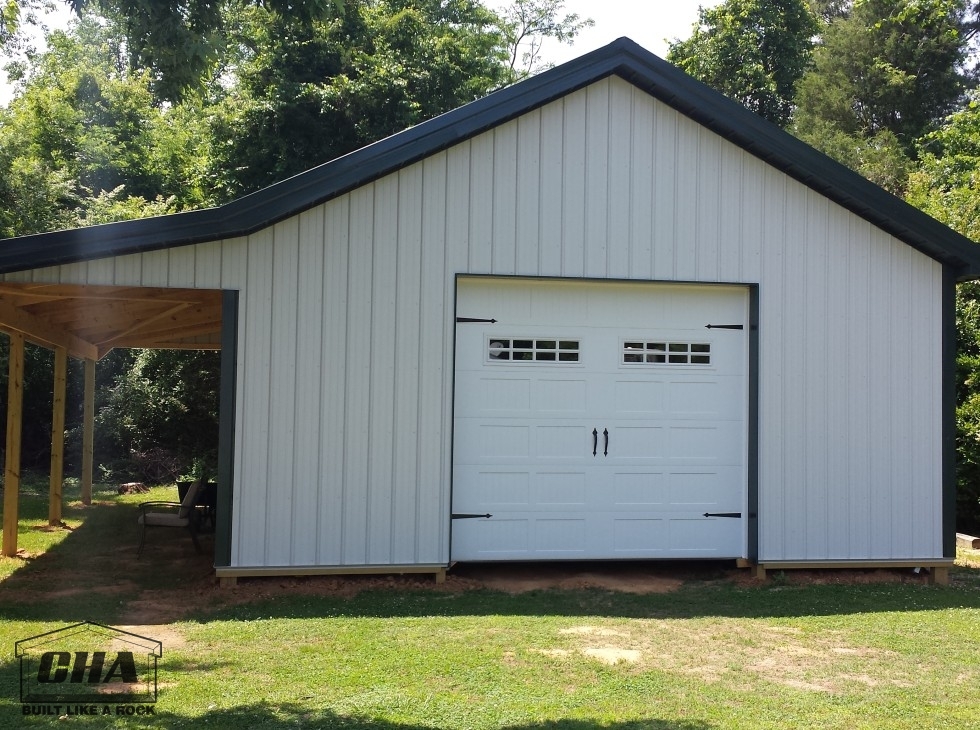 pole barn with leanto and garage door